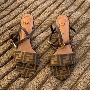 Fendi Brown Monogram Open-Toe Sandals with Gold Buckle